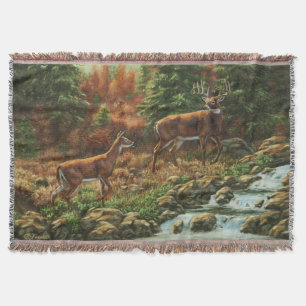 Whitetail Deer and Waterfall Throw Blanket
