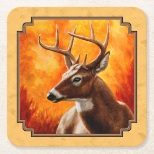 Whitetail Deer Autumn Gold Square Paper Coaster