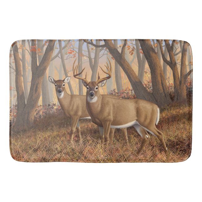 Whitetail Deer Buck & Doe Autumn Maple Woods Bath Mat (Front)
