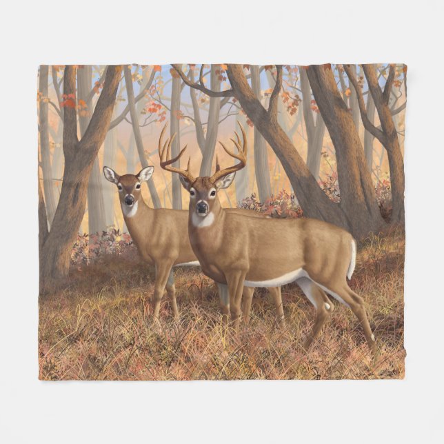 Whitetail Deer Buck & Doe Autumn Maple Woods Fleece Blanket (Front (Horizontal))