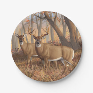 Whitetail Deer Buck & Doe Autumn Maple Woods Paper Plate