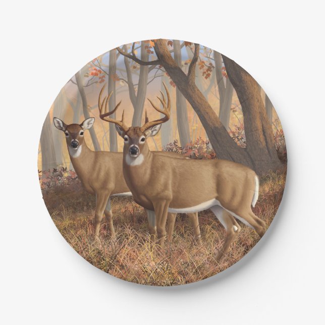 Whitetail Deer Buck & Doe Autumn Maple Woods Paper Plate (Front)
