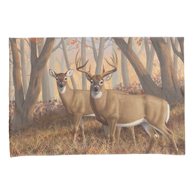 Whitetail Deer Buck & Doe Autumn Maple Woods Pillowcase (Front-Right)
