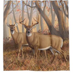 Whitetail Deer Buck & Doe Autumn Maple Woods Shower Curtain