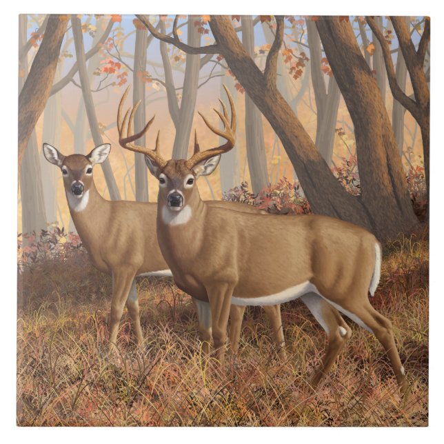 Whitetail Deer Buck & Doe Autumn Maple Woods Tile (Front)