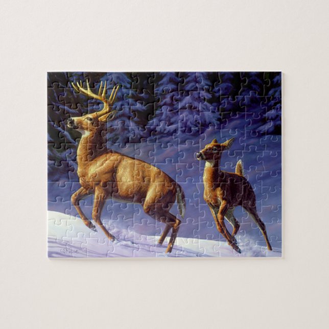Whitetail Deer Buck & Doe in Winter Snow Jigsaw Puzzle (Horizontal)