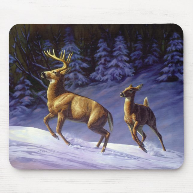 Whitetail Deer Buck & Doe in Winter Snow Mouse Mat (Front)