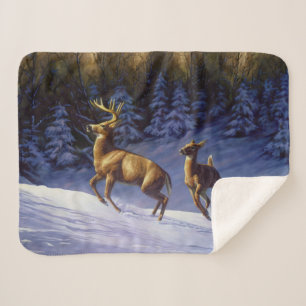Whitetail Deer Buck & Doe in Winter Snow Sherpa Blanket