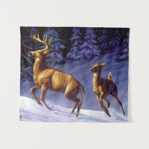 Whitetail Deer Buck & Doe in Winter Snow Tapestry