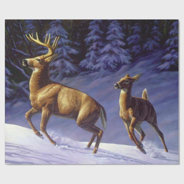 Whitetail Deer Buck & Doe in Winter Snow Wrapping Paper (Flat)