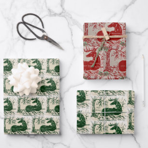 Whitetail Deer Buck in Snowy Woods Linoleum Block Wrapping Paper Sheet