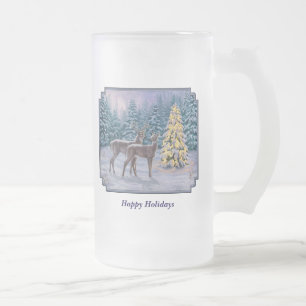 Whitetail Deer & Christmas Tree Winter Scene Frosted Glass Beer Mug