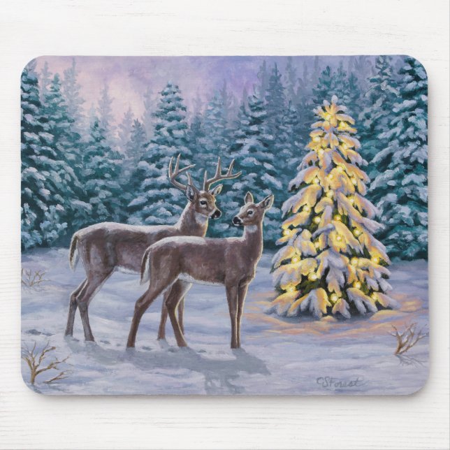 Whitetail Deer & Christmas Tree Winter Scene Mouse Mat (Front)