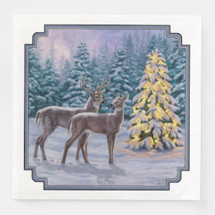 Whitetail Deer & Christmas Tree Winter Scene Napkin