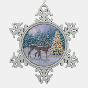 Whitetail Deer & Christmas Tree Winter Scene Snowflake Pewter Christmas Ornament