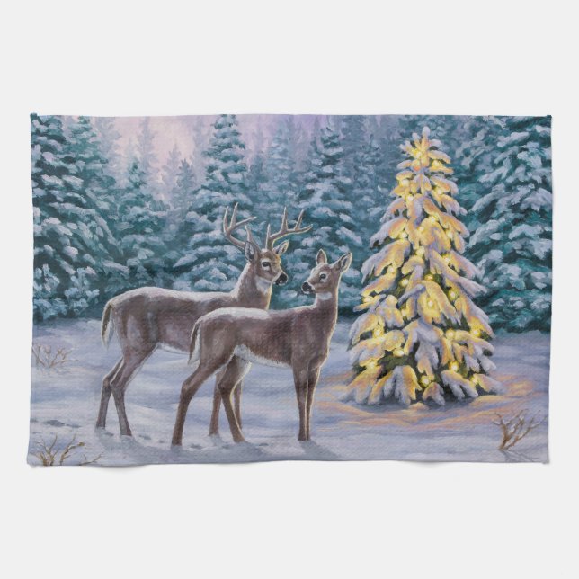 Whitetail Deer & Christmas Tree Winter Scene Tea Towel (Horizontal)