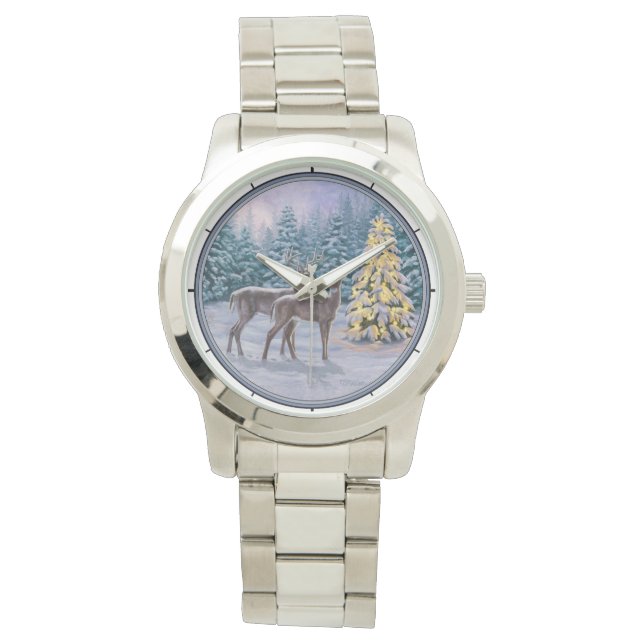 Whitetail Deer & Christmas Tree Winter Scene Watch (Front)