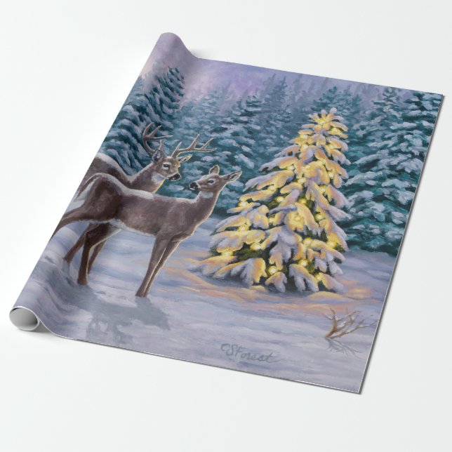 Whitetail Deer & Christmas Tree Winter Scene Wrapping Paper (Unrolled)