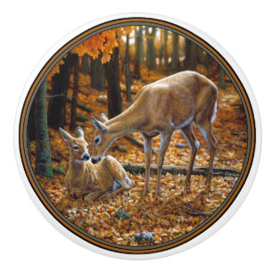Whitetail Deer Doe and Fawn Autumn Ceramic Knob