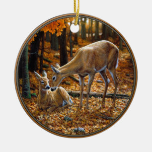 Whitetail Deer Doe and Fawn Autumn Ceramic Tree Decoration