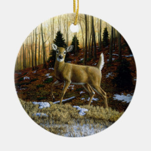 Whitetail Deer Doe in Autumn Forest Ceramic Tree Decoration
