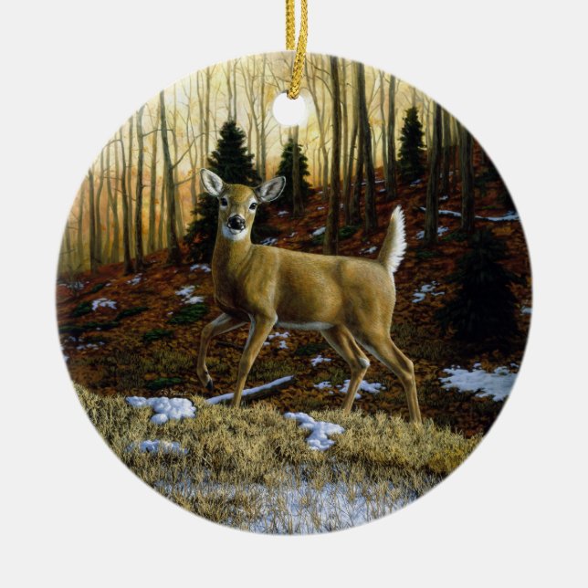 Whitetail Deer Doe in Autumn Forest Ceramic Tree Decoration (Front)