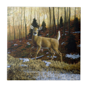 Whitetail Deer Doe in Autumn Forest Tile