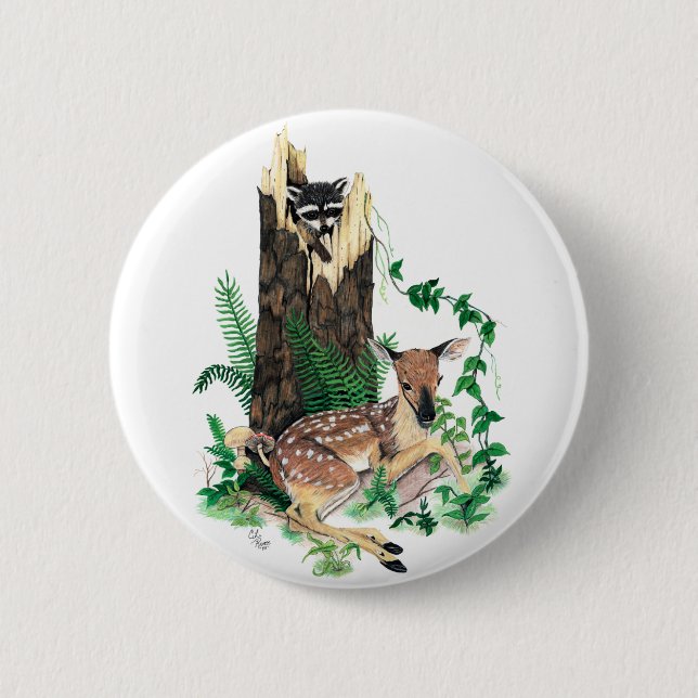 Whitetail Deer Fawn and Racoon Button (Front)