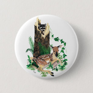 Whitetail Deer Fawn and Racoon Button