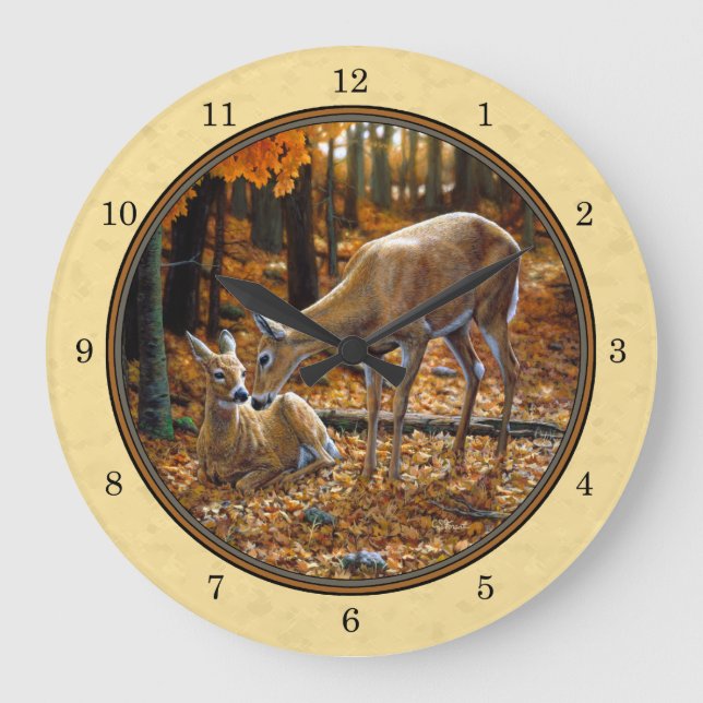 Whitetail Deer Fawn & Doe Yellow Large Clock (Front)