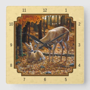Whitetail Deer Fawn & Doe Yellow Square Wall Clock