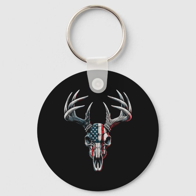 Whitetail Deer Hunting - American Flag On Buck Sku Key Ring (Front)