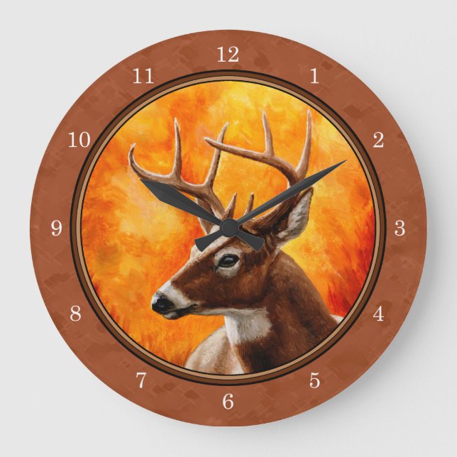 Whitetail Deer in Autumn Reddish Brown Large Clock (Front)