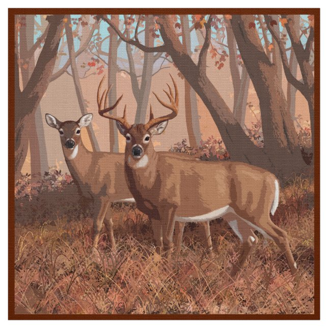 Whitetail Deer In Forest Retro Style Nature Fabric (Swatch)