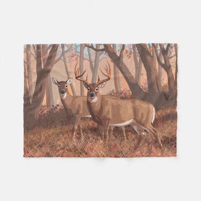 Whitetail Deer In Forest Retro Style Nature Fleece Blanket (Front (Horizontal))