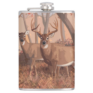 Whitetail Deer In Forest Retro Style Nature Hip Flask