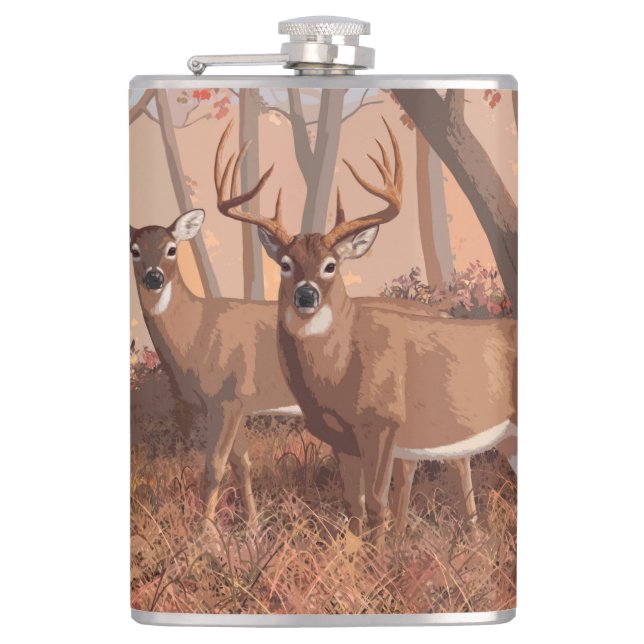 Whitetail Deer In Forest Retro Style Nature Hip Flask (Front)