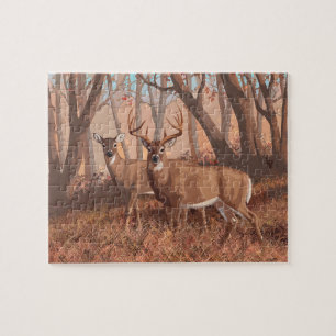 Whitetail Deer In Forest Retro Style Nature Jigsaw Puzzle