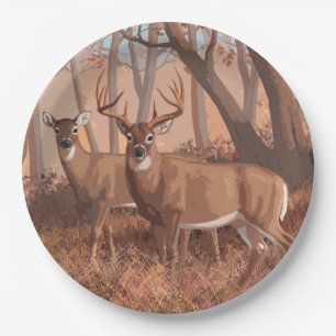 Whitetail Deer In Forest Retro Style Nature Paper Plate