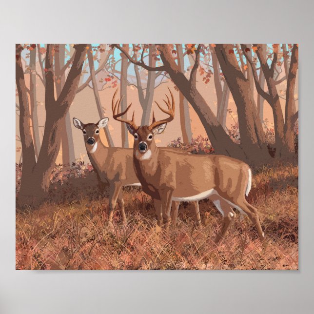 Whitetail Deer In Forest Retro Style Nature Poster (Front)