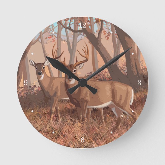 Whitetail Deer In Forest Retro Style Nature Round Clock (Front)