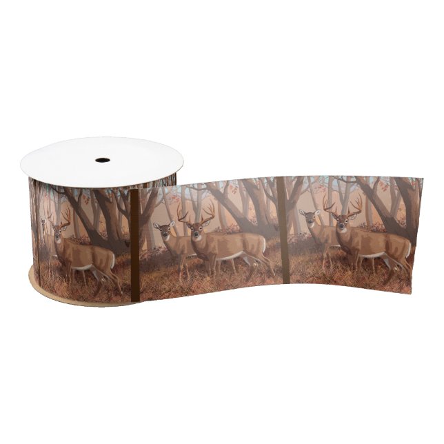 Whitetail Deer In Forest Retro Style Nature Satin Ribbon (Spool)