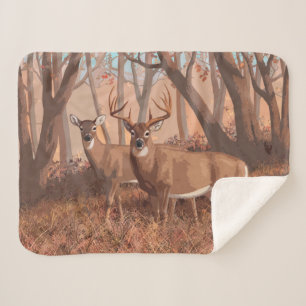 Whitetail Deer In Forest Retro Style Nature Sherpa Blanket