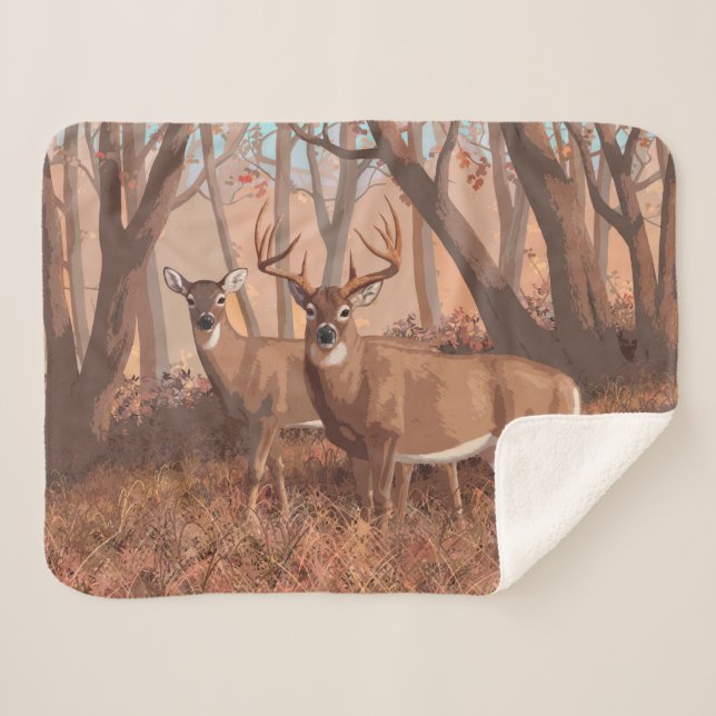 Whitetail Deer In Forest Retro Style Nature Sherpa Blanket (Front (Horizontal))