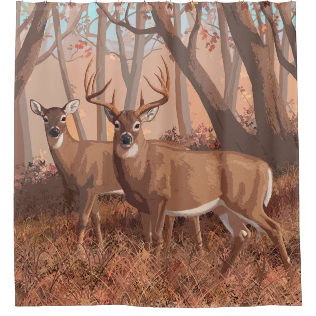 Whitetail Deer In Forest Retro Style Nature Shower Curtain (Front)