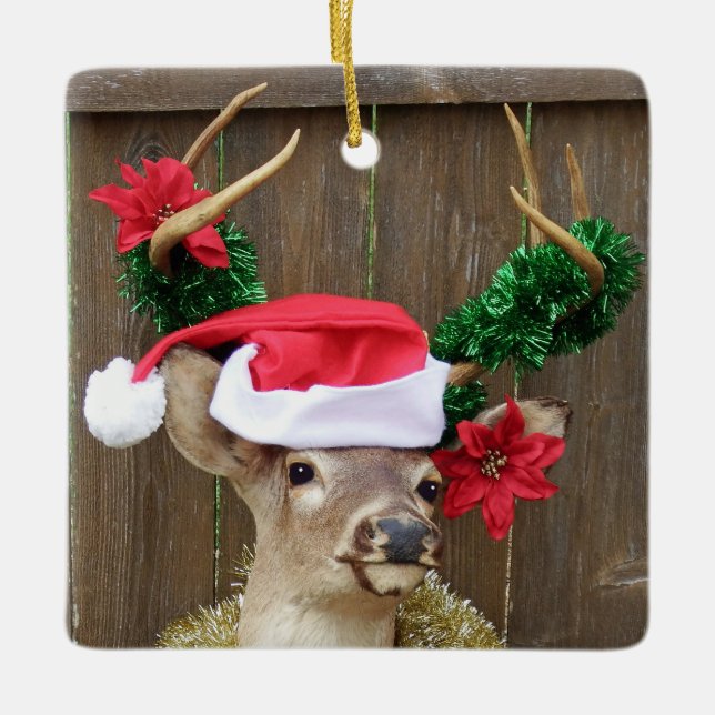 Whitetail Deer In Santa Hat & Christmas Garland Ceramic Ornament (Front)