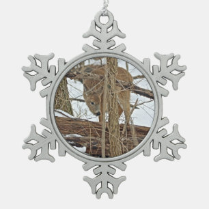 Whitetail Deer In Snow Snowflake Pewter Christmas Ornament