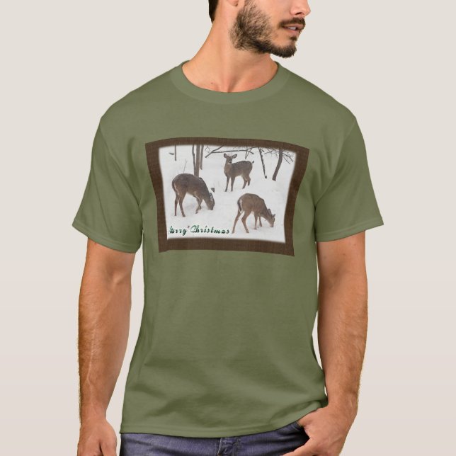 Whitetail Deer In Snowy Woods - Merry Christmas T-Shirt (Front)