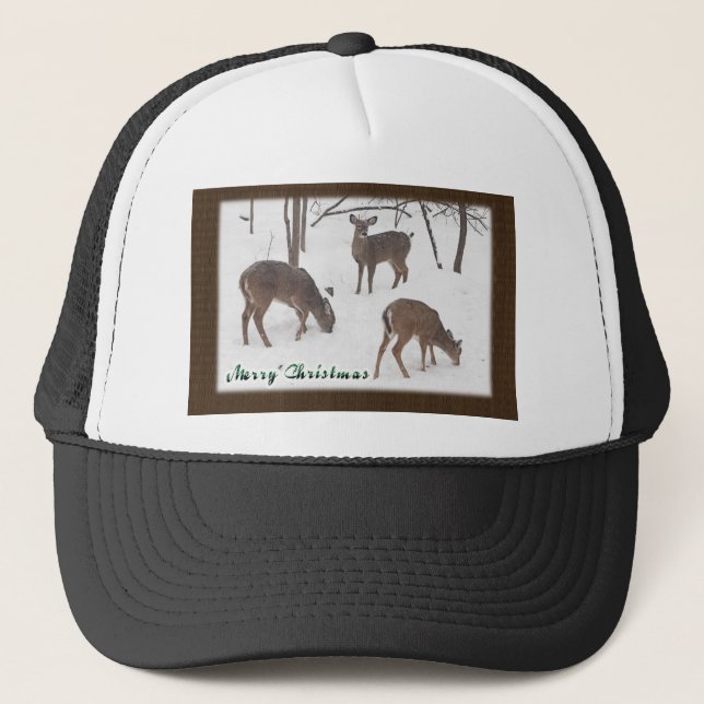 Whitetail Deer In Snowy Woods - Merry Christmas Trucker Hat (Front)