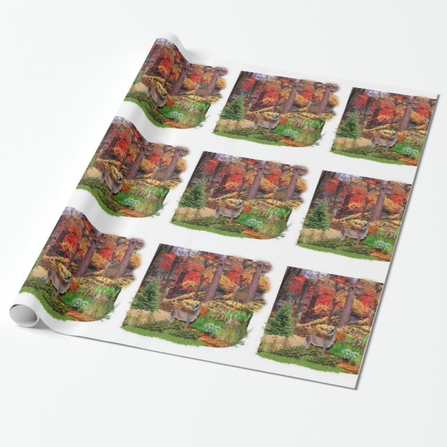 Whitetail Deer in the Woods / Fall Season Collage Wrapping Paper (Unrolled)